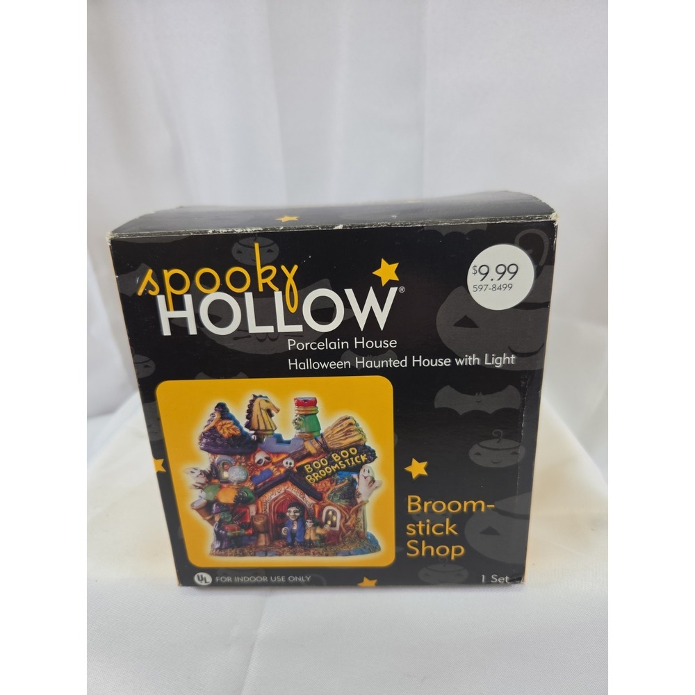 Spooky Hollow Broomstick Shop Halloween Porcelain Village w/ Box Lights Up 2002